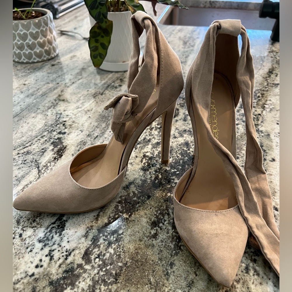 Beautiful tan suede ankle tie stiletto heel!